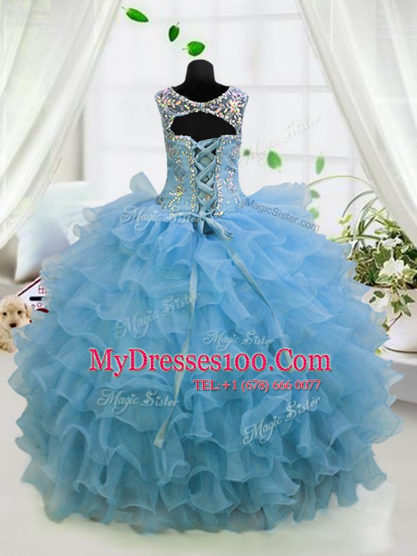 Luxury Baby Blue Lace Up Scoop Beading and Ruffled Layers Flower Girl Dresses for Less Organza Sleeveless
