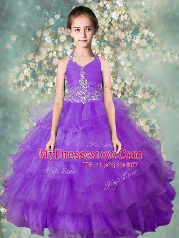 Best Halter Top Sleeveless Organza Pageant Gowns For Girls Beading and Ruffled Layers Zipper