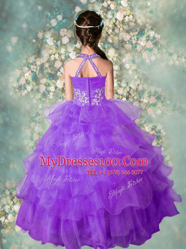 Best Halter Top Sleeveless Organza Pageant Gowns For Girls Beading and Ruffled Layers Zipper