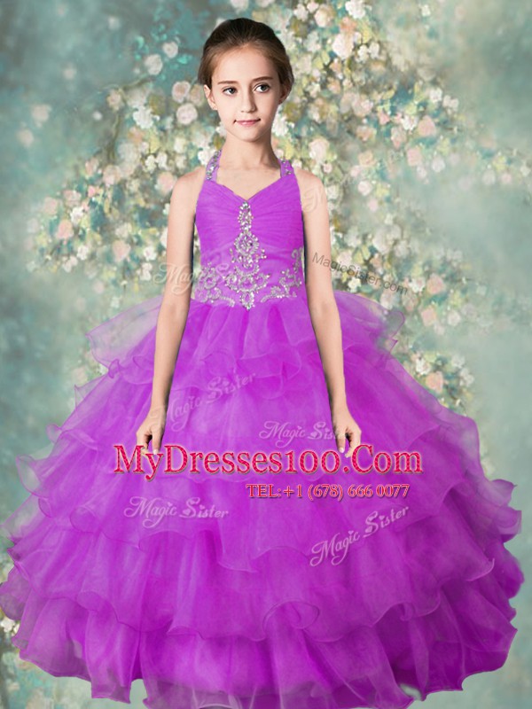Lavender Organza Zipper Halter Top Sleeveless Floor Length Kids Pageant Dress Beading and Ruffled Layers