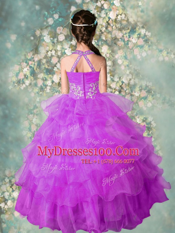 Lavender Organza Zipper Halter Top Sleeveless Floor Length Kids Pageant Dress Beading and Ruffled Layers