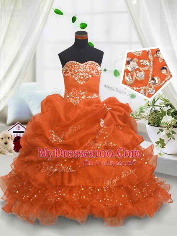 Captivating Orange Ball Gowns Beading and Ruffled Layers and Pick Ups Flower Girl Dresses Lace Up Organza Sleeveless Floor Length