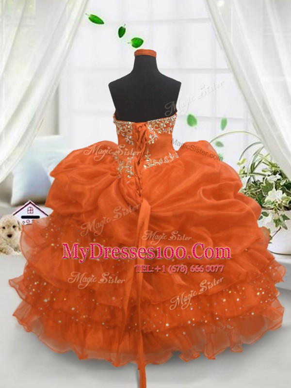 Captivating Orange Ball Gowns Beading and Ruffled Layers and Pick Ups Flower Girl Dresses Lace Up Organza Sleeveless Floor Length