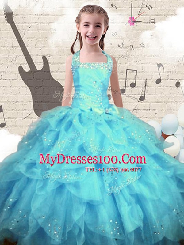 Floor Length Aqua Blue Kids Formal Wear Halter Top Sleeveless Lace Up