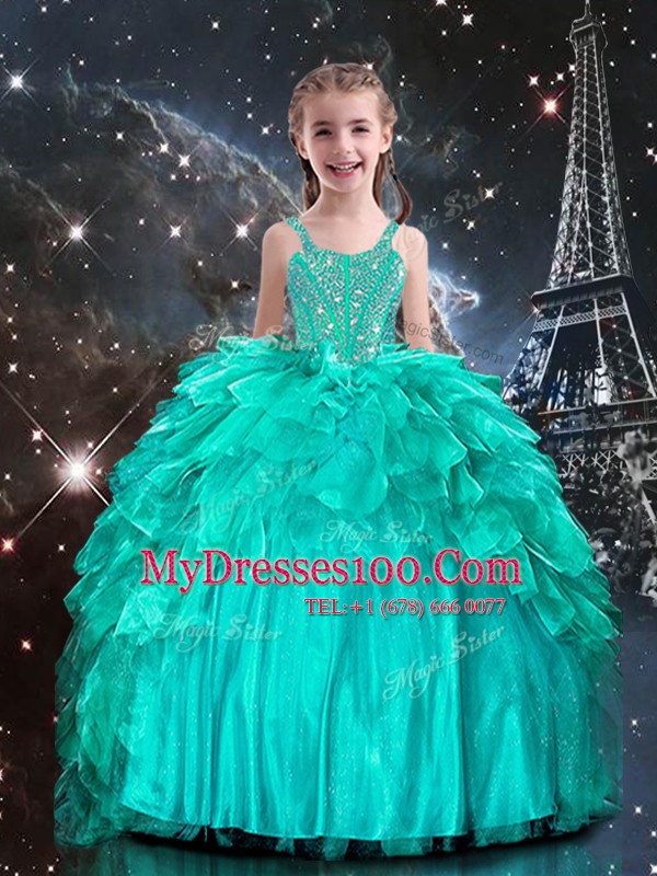 Aqua Blue Spaghetti Straps Lace Up Beading and Ruffles Kids Pageant Dress Sleeveless