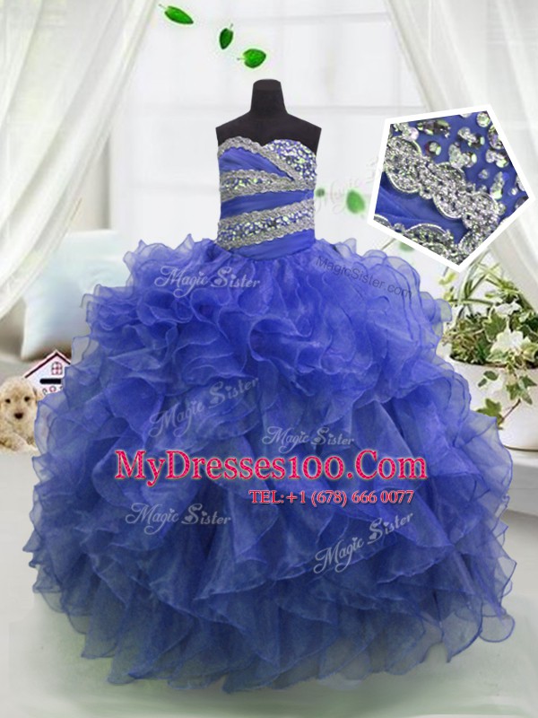 Floor Length Ball Gowns Sleeveless Blue Flower Girl Dresses for Less Lace Up
