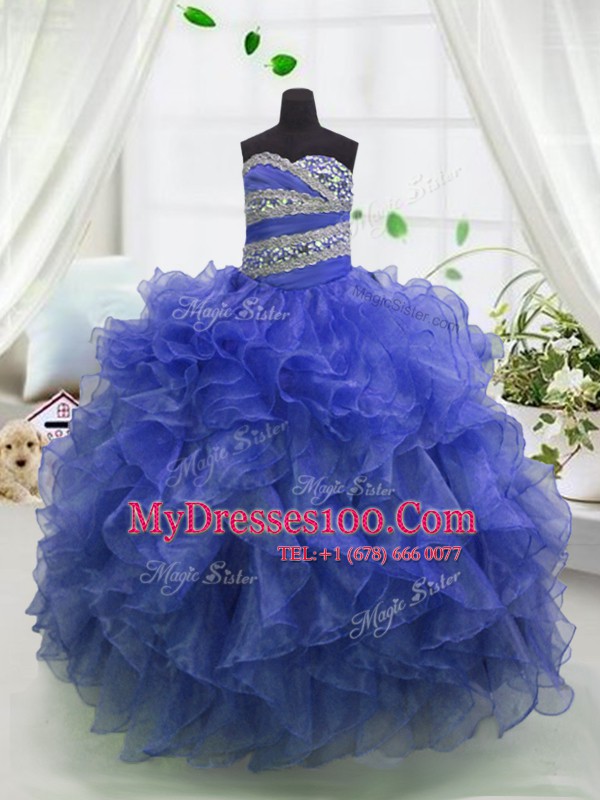 Floor Length Ball Gowns Sleeveless Blue Flower Girl Dresses for Less Lace Up