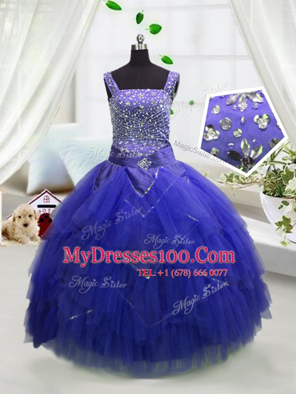 Sophisticated Sleeveless Floor Length Beading and Ruffles Lace Up Girls Pageant Dresses with Royal Blue