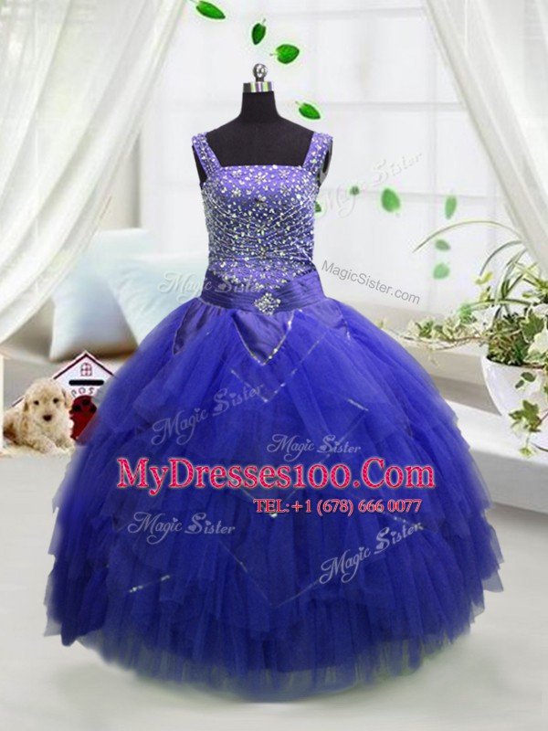 Sophisticated Sleeveless Floor Length Beading and Ruffles Lace Up Girls Pageant Dresses with Royal Blue