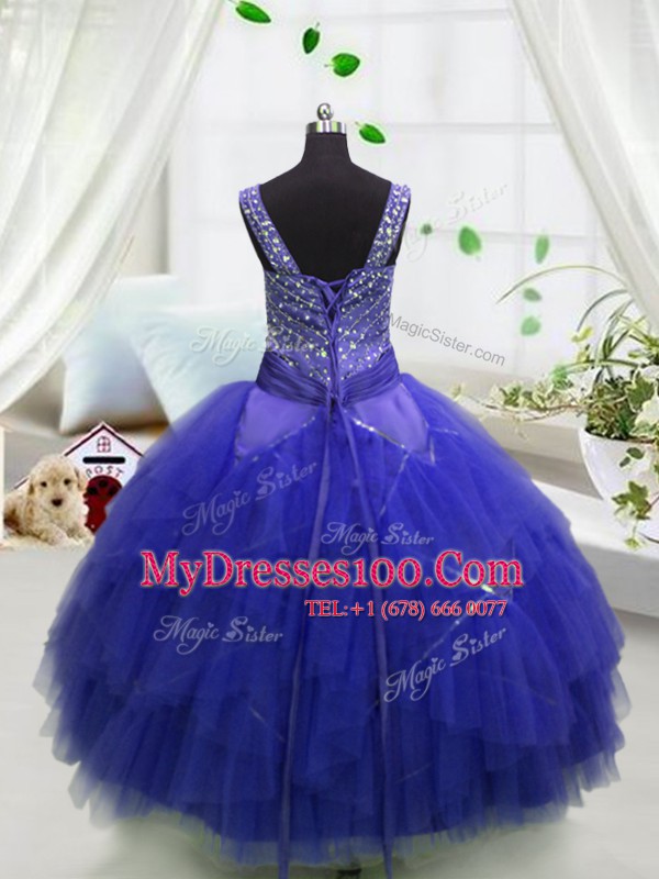 Sophisticated Sleeveless Floor Length Beading and Ruffles Lace Up Girls Pageant Dresses with Royal Blue
