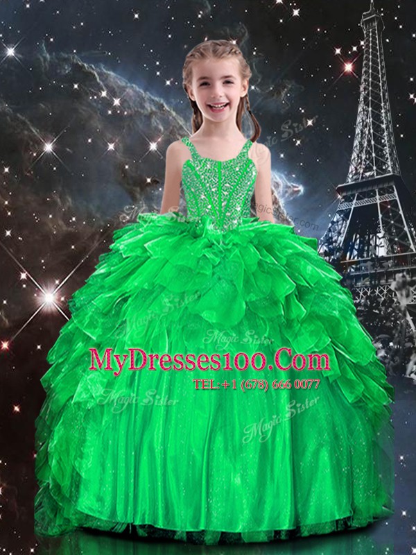 Spaghetti Straps Sleeveless Organza Kids Pageant Dress Beading and Ruffles Lace Up