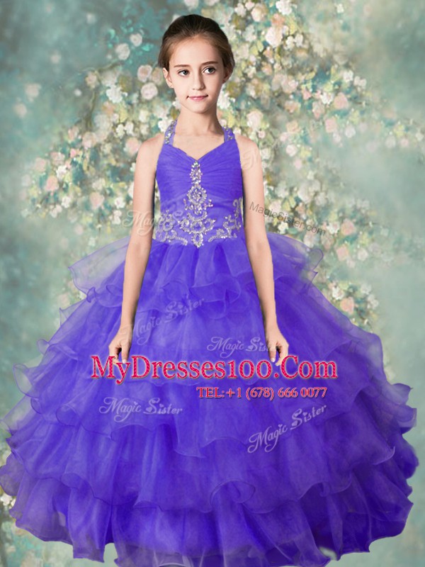 Custom Designed Halter Top Sleeveless Floor Length Beading and Ruffled Layers Zipper Little Girl Pageant Gowns with Blue