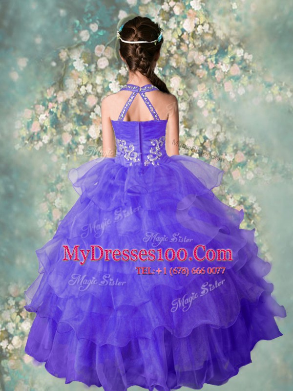 Custom Designed Halter Top Sleeveless Floor Length Beading and Ruffled Layers Zipper Little Girl Pageant Gowns with Blue