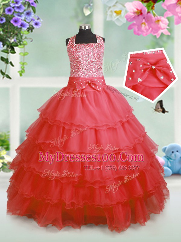 Floor Length Coral Red Little Girls Pageant Dress Wholesale Organza Sleeveless Beading and Ruffles and Bowknot
