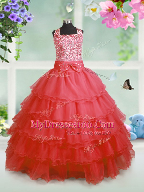 Floor Length Coral Red Little Girls Pageant Dress Wholesale Organza Sleeveless Beading and Ruffles and Bowknot