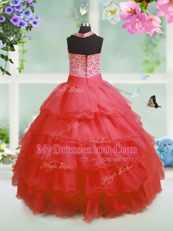 Floor Length Coral Red Little Girls Pageant Dress Wholesale Organza Sleeveless Beading and Ruffles and Bowknot
