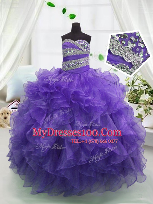Adorable Floor Length Lace Up Little Girl Pageant Gowns Eggplant Purple for Party and Wedding Party with Beading and Ruffles