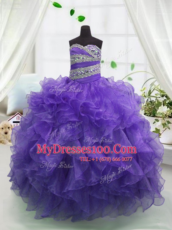 Adorable Floor Length Lace Up Little Girl Pageant Gowns Eggplant Purple for Party and Wedding Party with Beading and Ruffles
