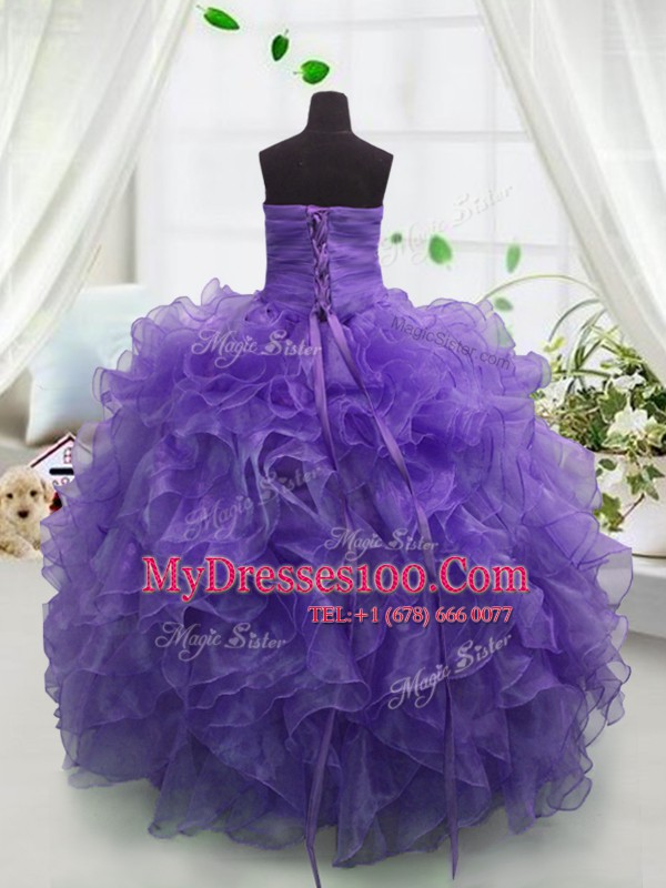 Adorable Floor Length Lace Up Little Girl Pageant Gowns Eggplant Purple for Party and Wedding Party with Beading and Ruffles
