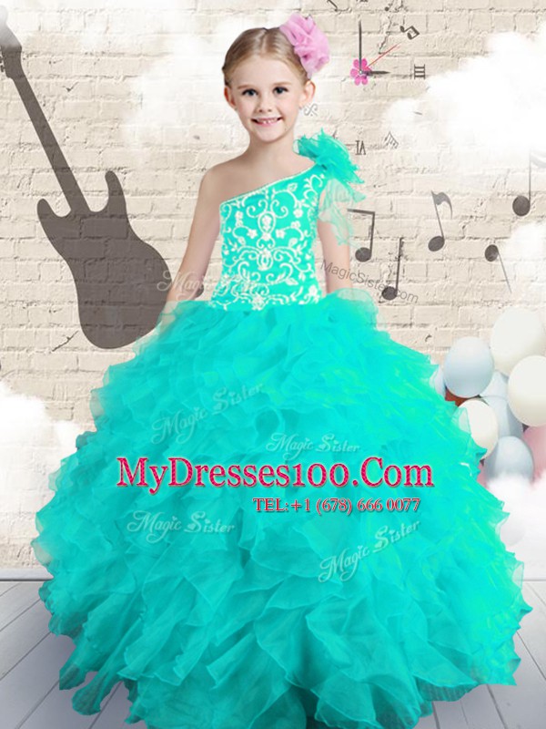Hot Sale Ball Gowns Flower Girl Dress Aqua Blue One Shoulder Organza Sleeveless Floor Length Lace Up