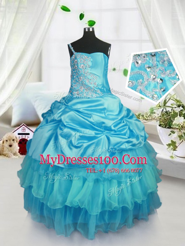 Comfortable Aqua Blue Pageant Gowns For Girls Military Ball and Sweet 16 and Quinceanera and For with Pick Ups Strapless Sleeveless Lace Up