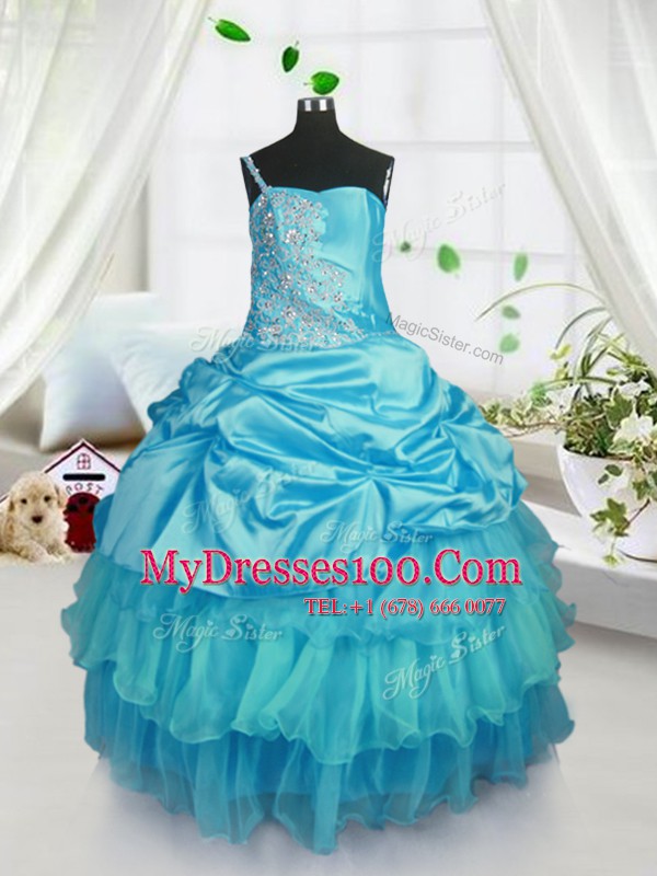 Comfortable Aqua Blue Pageant Gowns For Girls Military Ball and Sweet 16 and Quinceanera and For with Pick Ups Strapless Sleeveless Lace Up