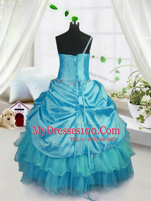 Comfortable Aqua Blue Pageant Gowns For Girls Military Ball and Sweet 16 and Quinceanera and For with Pick Ups Strapless Sleeveless Lace Up