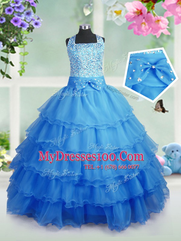 Vintage Floor Length Baby Blue Kids Formal Wear Organza Sleeveless Beading and Ruffled Layers