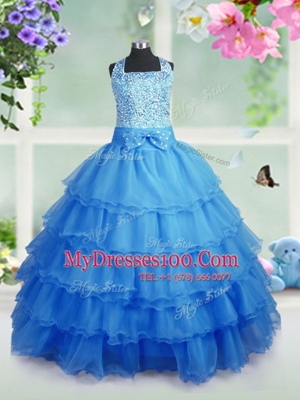 Vintage Floor Length Baby Blue Kids Formal Wear Organza Sleeveless Beading and Ruffled Layers
