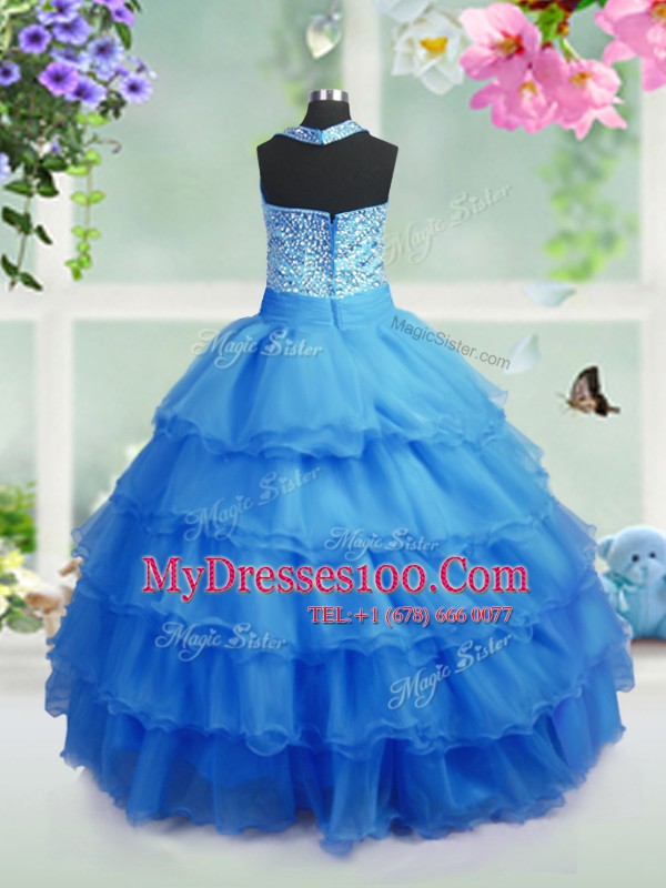 Vintage Floor Length Baby Blue Kids Formal Wear Organza Sleeveless Beading and Ruffled Layers