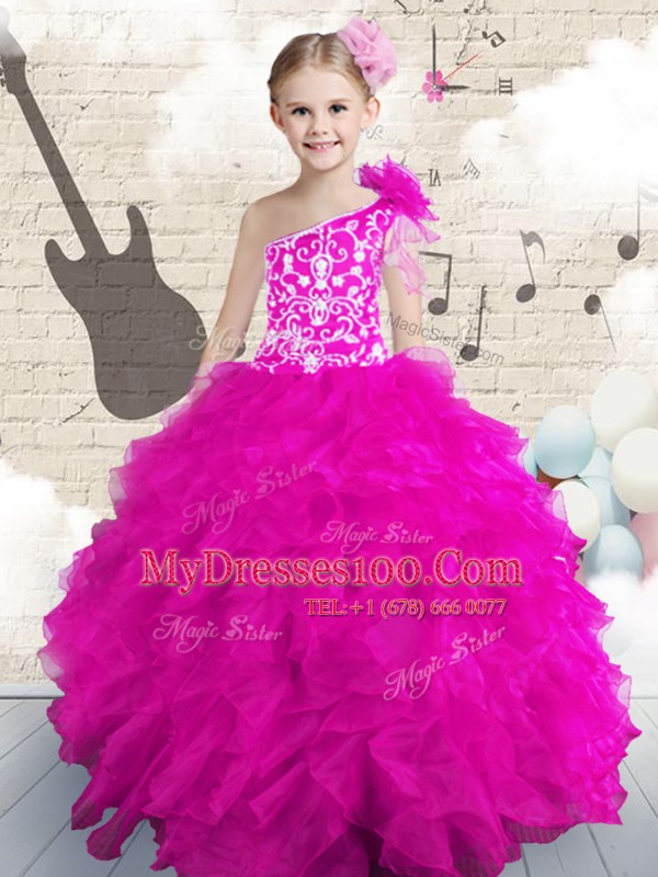 Low Price One Shoulder Hot Pink Sleeveless Organza Lace Up Little Girls Pageant Dress for Party and Wedding Party