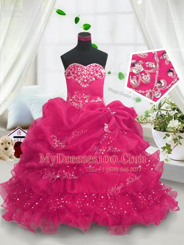 Custom Fit Hot Pink Sweetheart Neckline Beading and Ruffled Layers and Pick Ups Kids Pageant Dress Sleeveless Lace Up