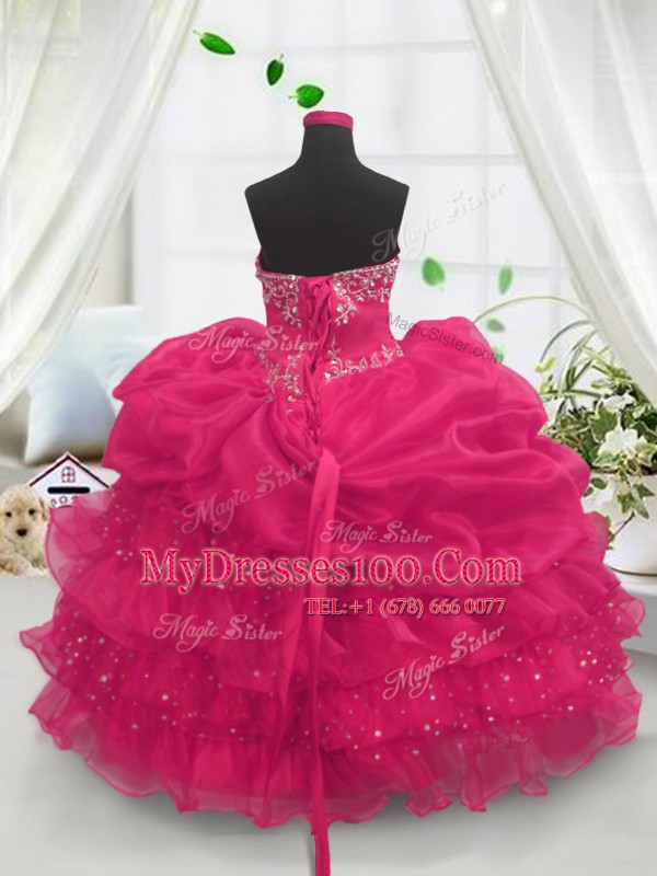 Custom Fit Hot Pink Sweetheart Neckline Beading and Ruffled Layers and Pick Ups Kids Pageant Dress Sleeveless Lace Up