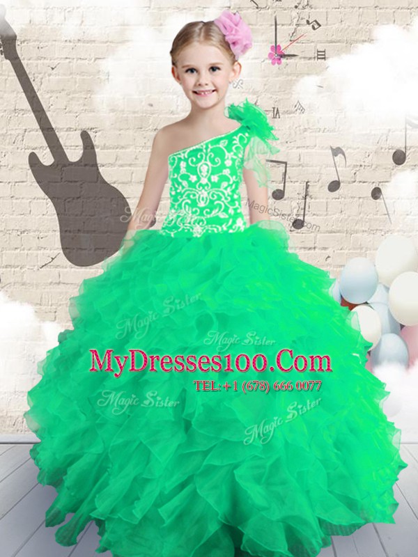 Inexpensive One Shoulder Organza Lace Up Flower Girl Dresses Sleeveless Floor Length Embroidery and Ruffles