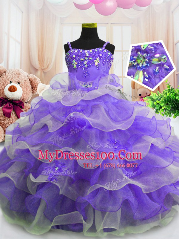 Eggplant Purple Organza Zipper Little Girl Pageant Gowns Sleeveless Floor Length Beading and Ruffled Layers