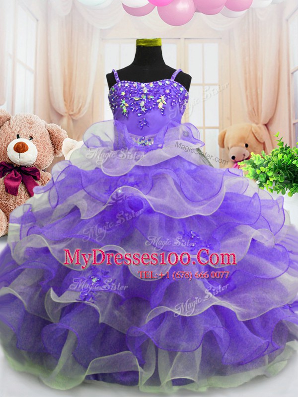 Eggplant Purple Organza Zipper Little Girl Pageant Gowns Sleeveless Floor Length Beading and Ruffled Layers