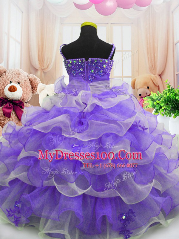 Eggplant Purple Organza Zipper Little Girl Pageant Gowns Sleeveless Floor Length Beading and Ruffled Layers
