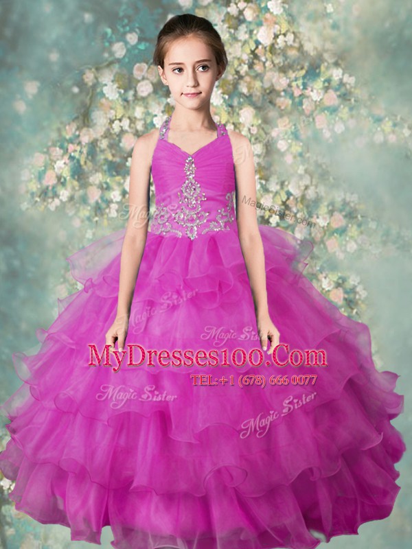 Halter Top Sleeveless Flower Girl Dresses Floor Length Beading and Ruffled Layers Fuchsia Organza