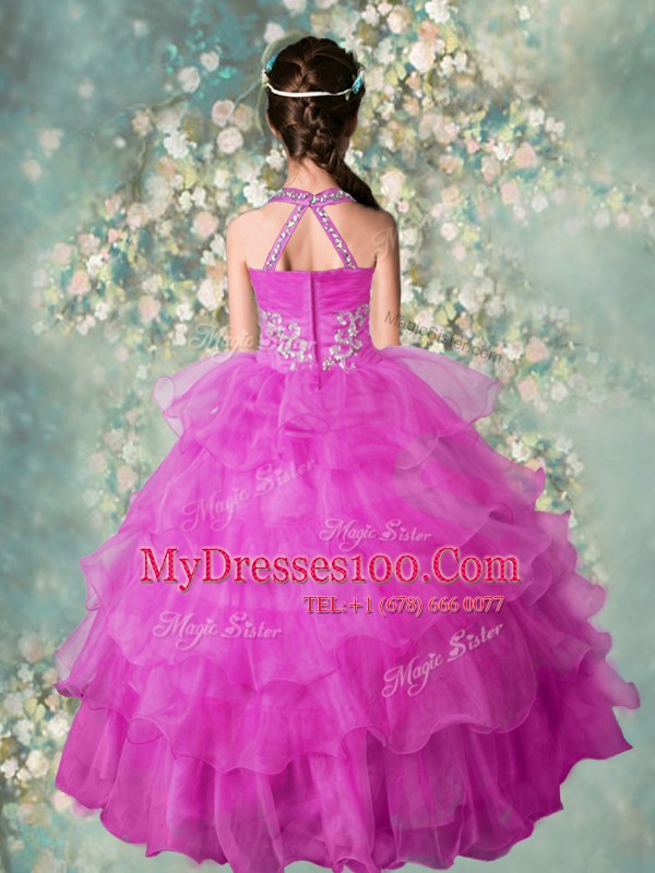 Halter Top Sleeveless Flower Girl Dresses Floor Length Beading and Ruffled Layers Fuchsia Organza