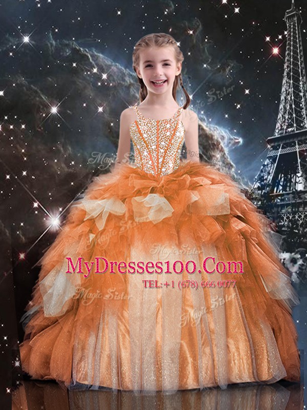 Floor Length Lace Up Flower Girl Dresses Gold for Party and Wedding Party with Beading and Ruffled Layers