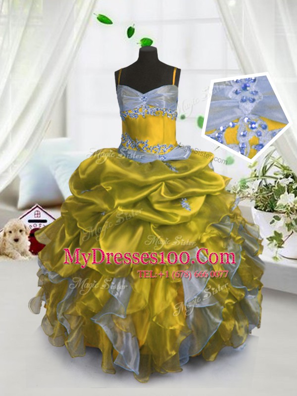 Floor Length Lace Up Flower Girl Dresses for Less Gold for Party and Wedding Party with Beading and Ruffles and Pick Ups