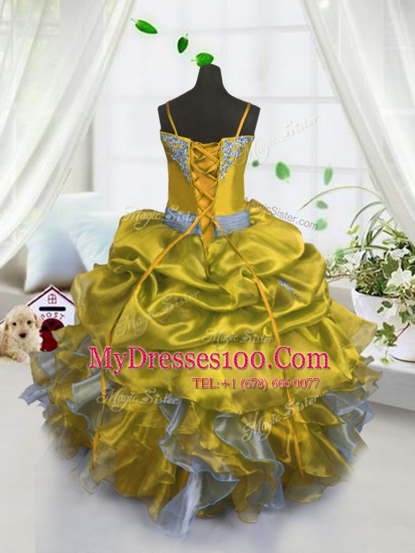 Floor Length Lace Up Flower Girl Dresses for Less Gold for Party and Wedding Party with Beading and Ruffles and Pick Ups
