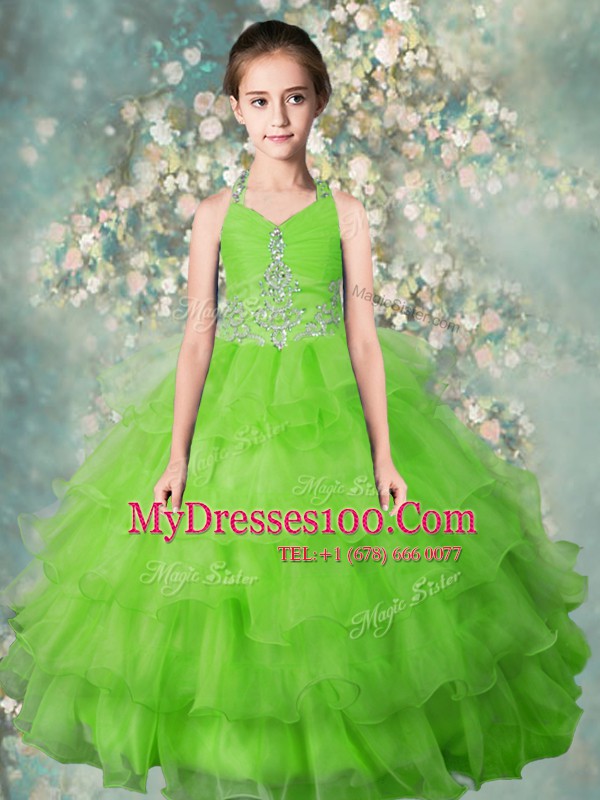 Enchanting Halter Top Floor Length Apple Green Child Pageant Dress Organza Sleeveless Beading and Ruffled Layers