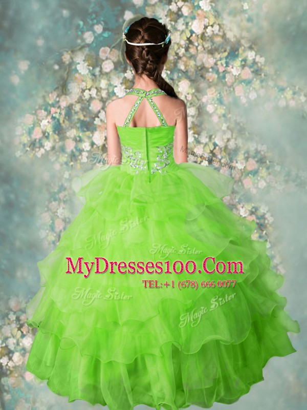 Enchanting Halter Top Floor Length Apple Green Child Pageant Dress Organza Sleeveless Beading and Ruffled Layers