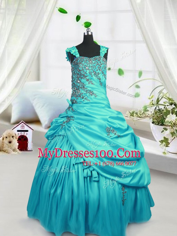Fitting Turquoise Satin Lace Up Flower Girl Dresses for Less Sleeveless Floor Length Beading and Pick Ups