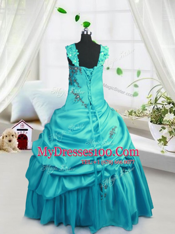 Fitting Turquoise Satin Lace Up Flower Girl Dresses for Less Sleeveless Floor Length Beading and Pick Ups