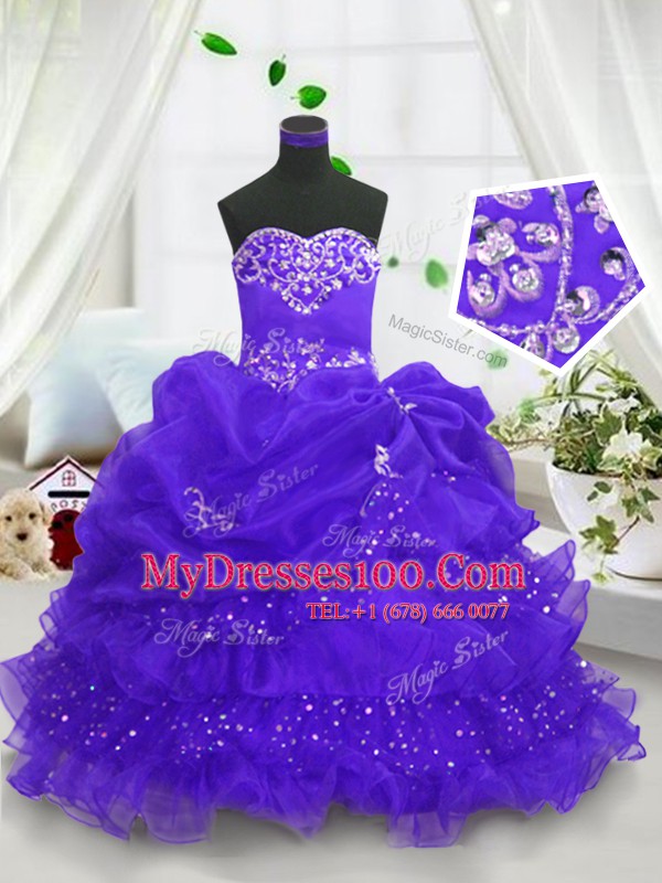 Most Popular Pick Ups Ruffled Blue Sleeveless Organza Lace Up Flower Girl Dress for Party and Wedding Party