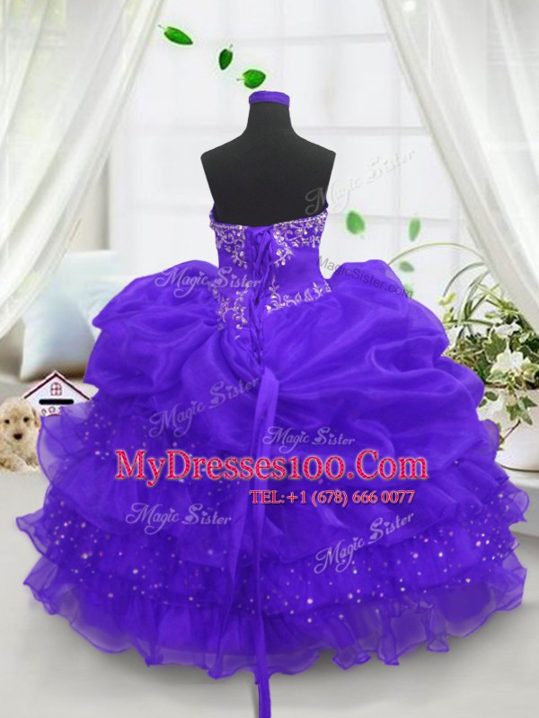 Most Popular Pick Ups Ruffled Blue Sleeveless Organza Lace Up Flower Girl Dress for Party and Wedding Party