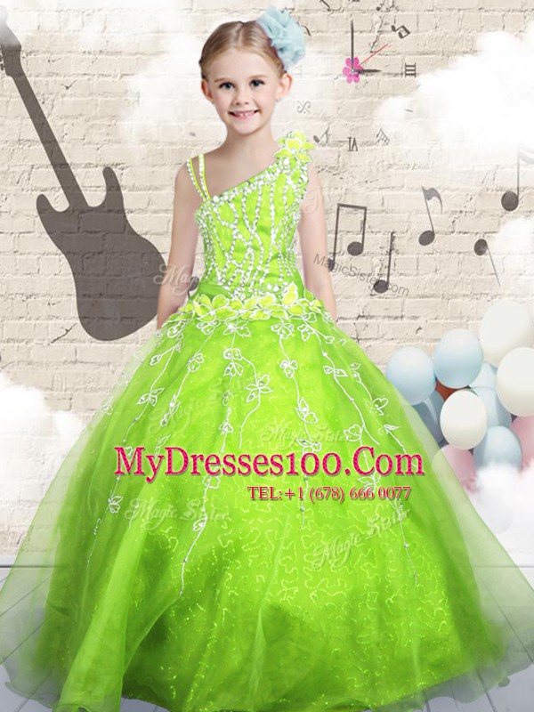 Unique Floor Length Apple Green Little Girls Pageant Gowns Asymmetric Sleeveless Lace Up