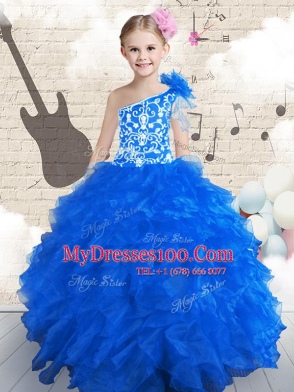 One Shoulder Sleeveless Organza Flower Girl Dresses Embroidery and Ruffles and Hand Made Flower Lace Up